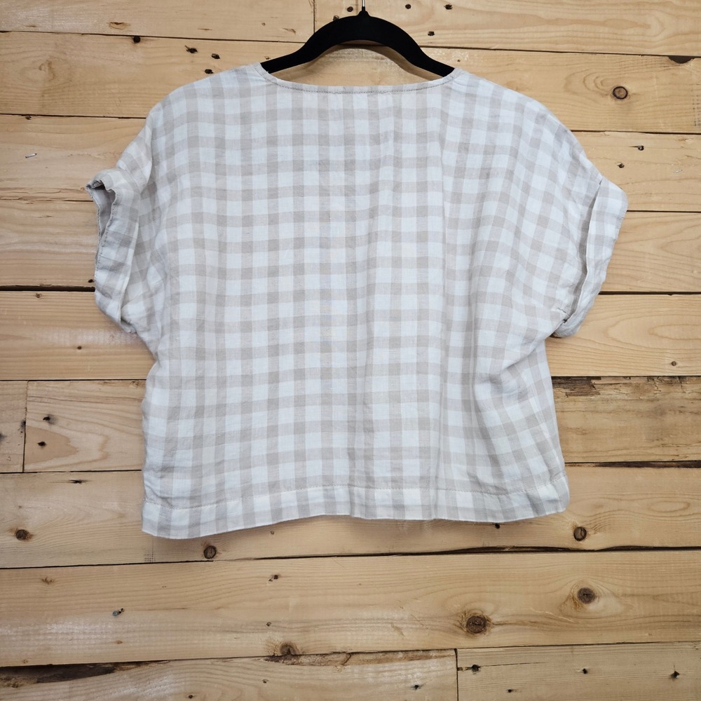 Lou & Grey Beige White Gingham 100% Linen V-Neck Boxy Cuffed Sleeve Top XXS - Picture 3 of 7
